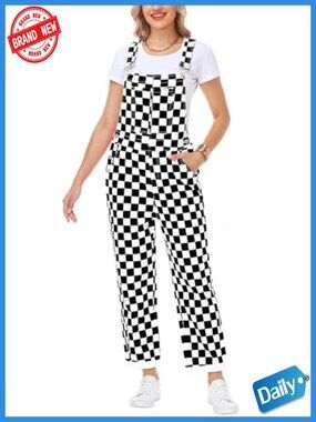 Checkered Bib Overalls Women's Stretch Denim Coveralls Jumpsuit